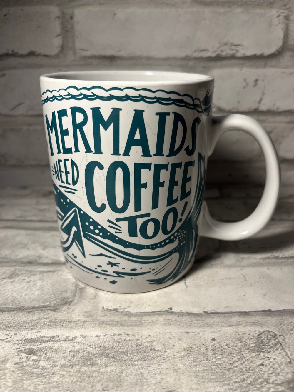 Mermaids Need Coffee Too! Teal Graphic Ceramic Mug 16 oz